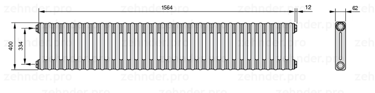 Схема (чертеж) Радиатор Zehnder Charleston 2040/34 №1270 Белый глянцевый RAL 9016